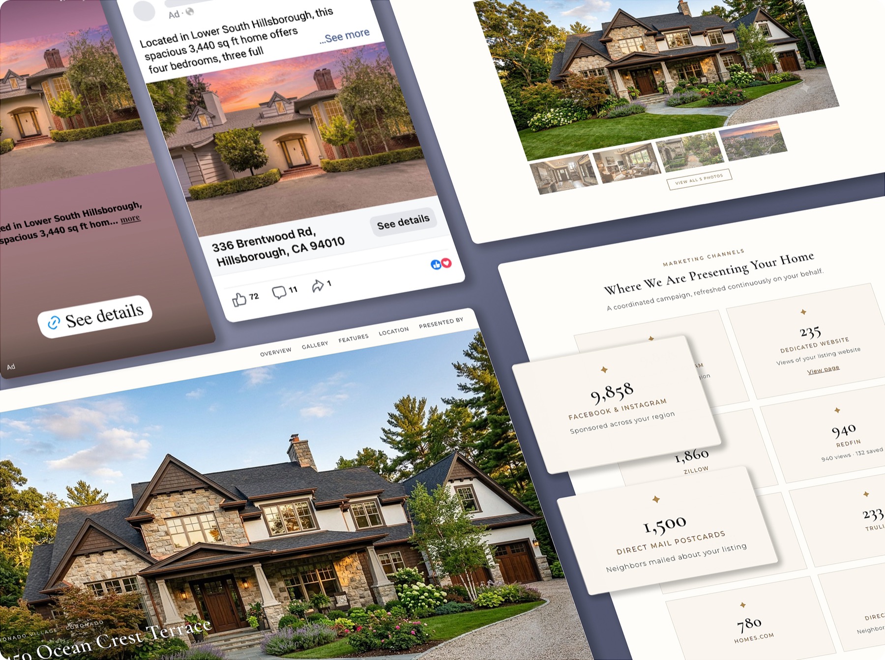 Spotlight marketing suite collage: Facebook and Instagram ads, dedicated listing website, and seller report